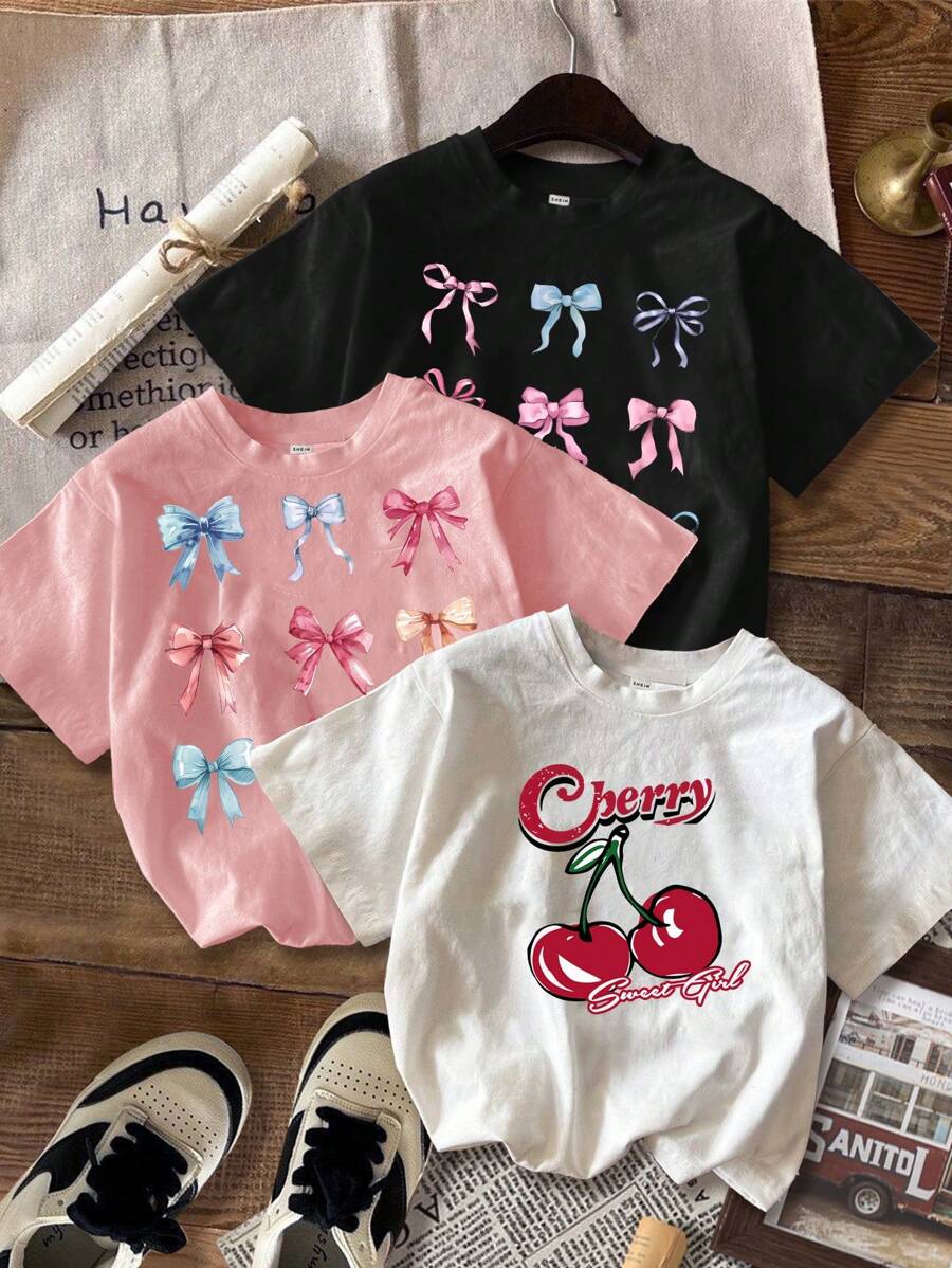 SHEIN Paquete de camisetas informales minimalistas con estampado de dibujos animados para niñas preadolescentes, aptas para el verano