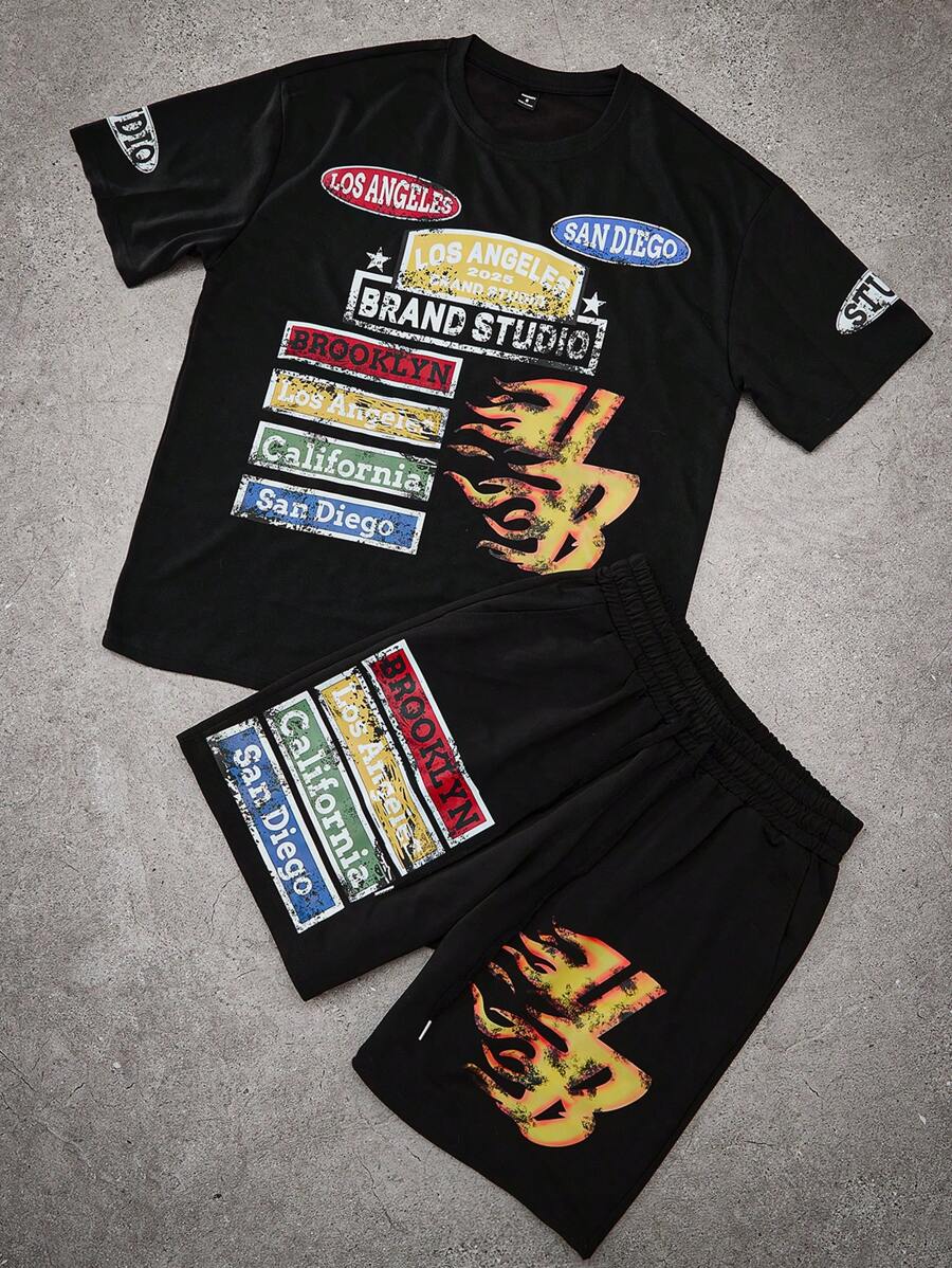 Manfinity Streetrush Regalo para el novio, conjunto de camiseta de manga corta con cuello redondo y estampado de colores y pantalones cortos elásticos, conjunto informal de dos piezas de ropa de calle joven, conjunto de dos piezas de ropa de hombre, conjunto de dos piezas de pantalones cortos