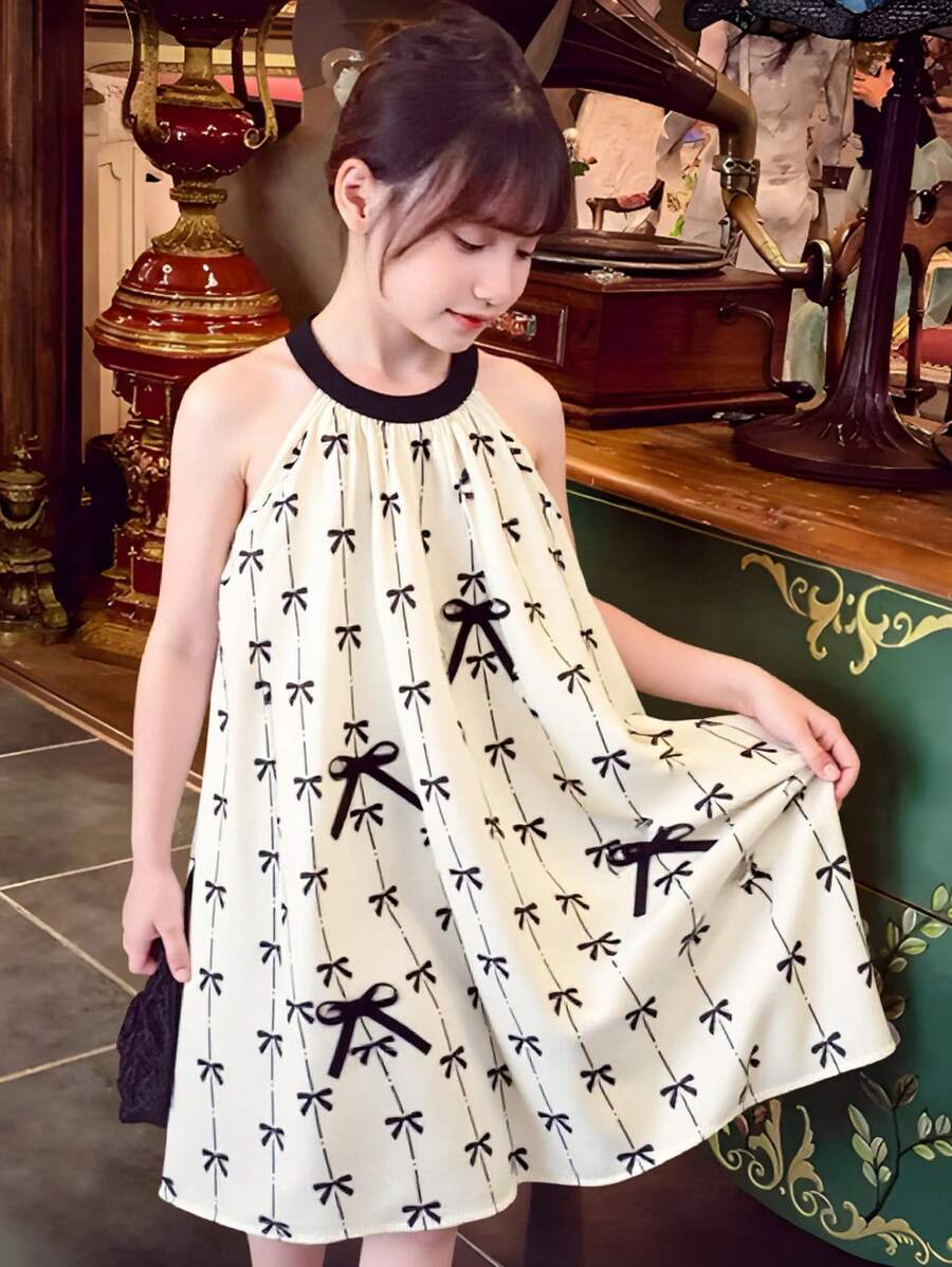 Vestido corto casual y suelto con cuello redondo, halter, sin mangas, estampado de rayas y lazos, para adolescentes