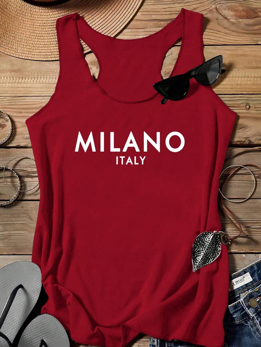 SHEIN LUNE Milano Women Casual Slogan Graphic Round Neck Tank Top, Suitable For Summer