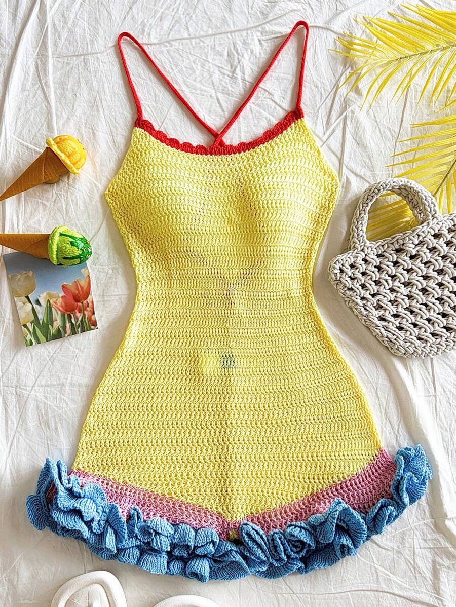 Soleia Women's Contrast Color Splicing Ruffle Trim Backless Knit Romper Beach Vacation Outfits Spring Summer Outfits For Women West Music Festival Bohemia Holiday