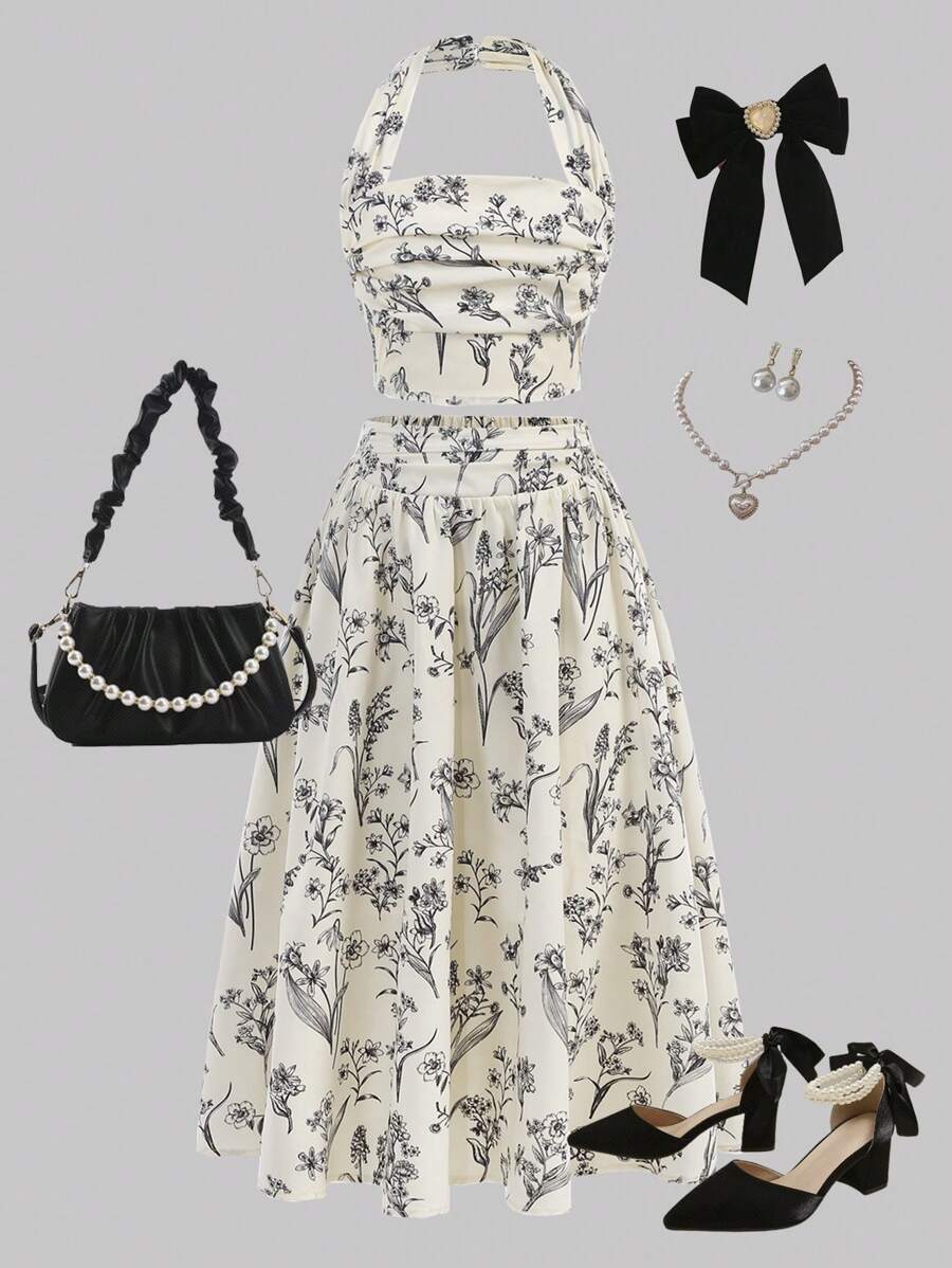 SHEIN Tween Girl 2 Pieces Floral Print Halter Neck Top And Midi Skirt Set