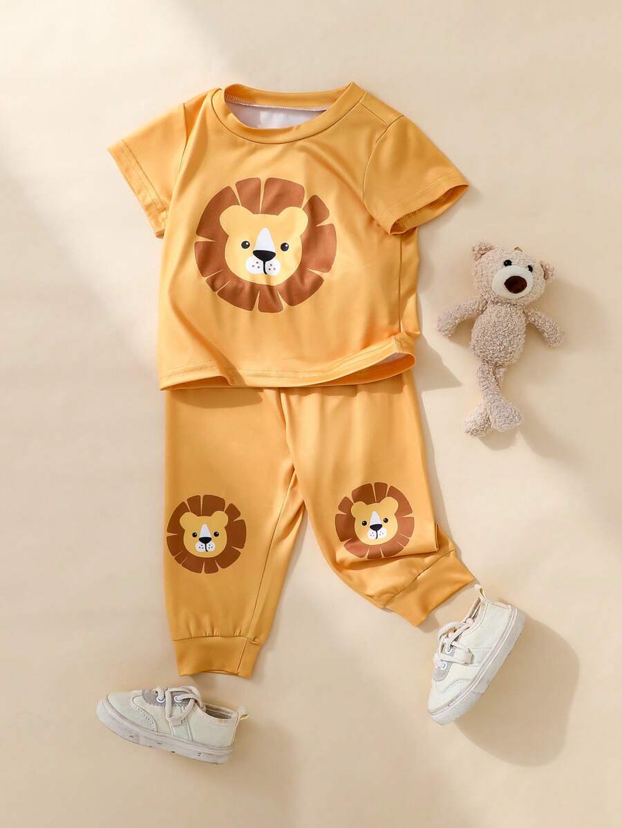 2 Pcs/Set Newborn Baby Boy Lion Print Short Sleeve Shirt & Long Pants Set, Cute Outfit For 3-6 Months, Orange Color Suitable For Summer, Versatile For Casual Wear Or Outdoor