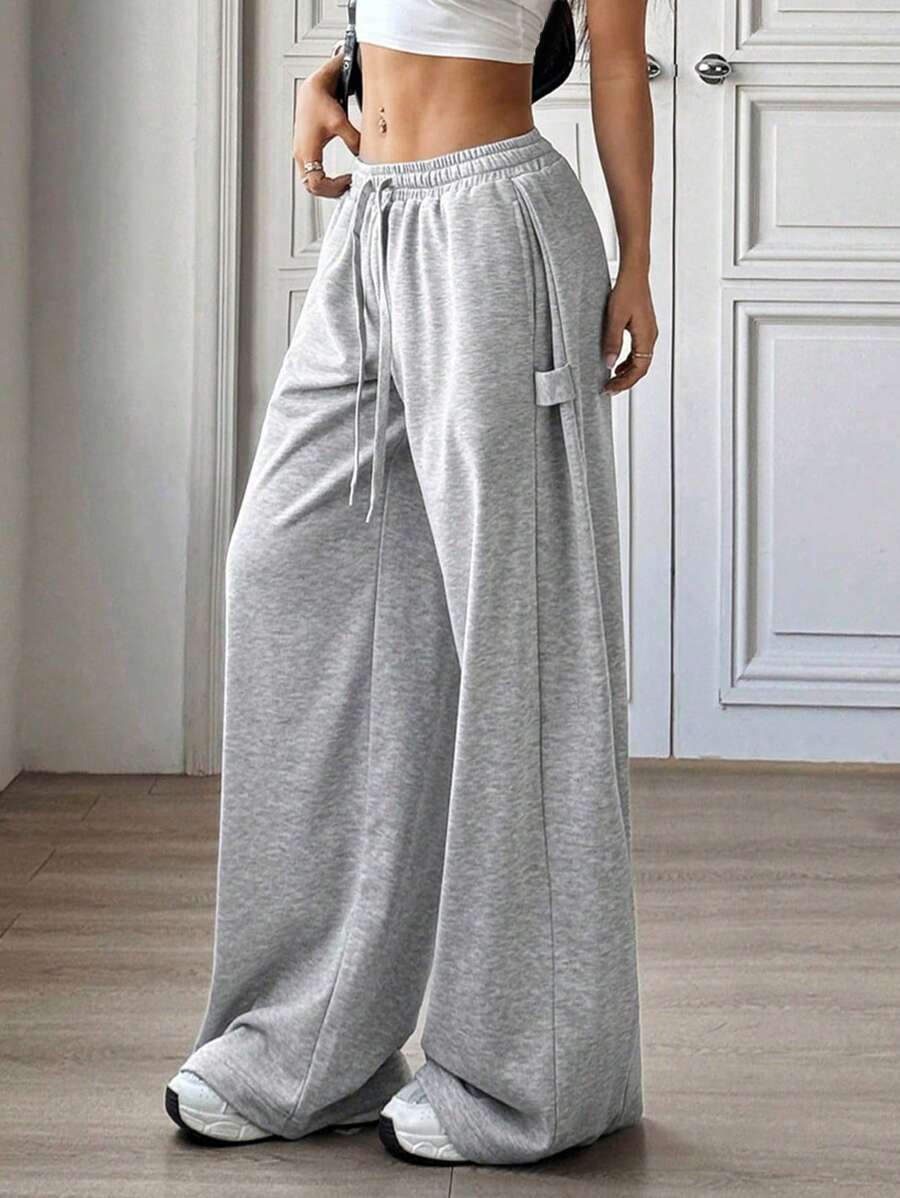 Flirla 2 paquetes de pantalones casuales anchos de cintura baja y de unicolor para mujer, versátiles, para primavera/verano 2025