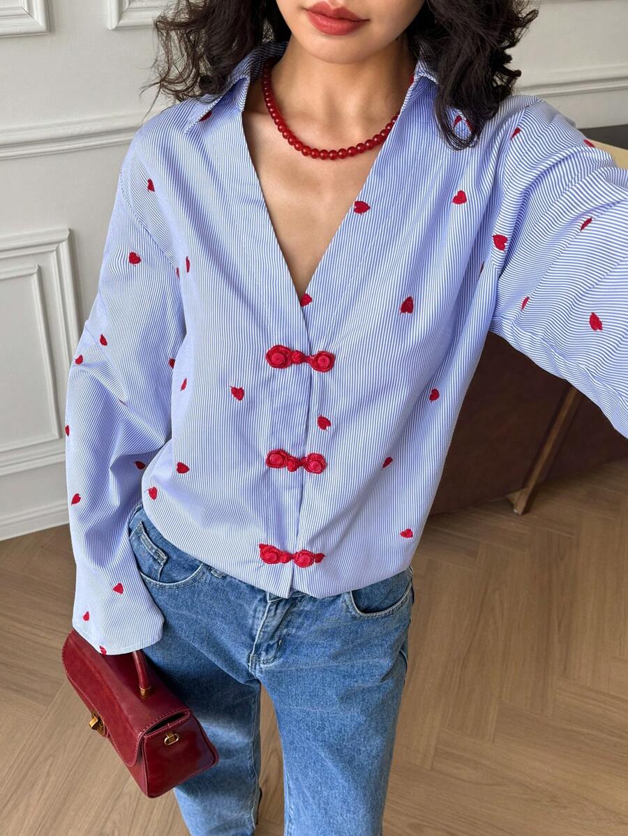 EastFlair New Chinese Style Heart Striped Print V-Neck Flare Sleeve Button Front Ladies Blouse