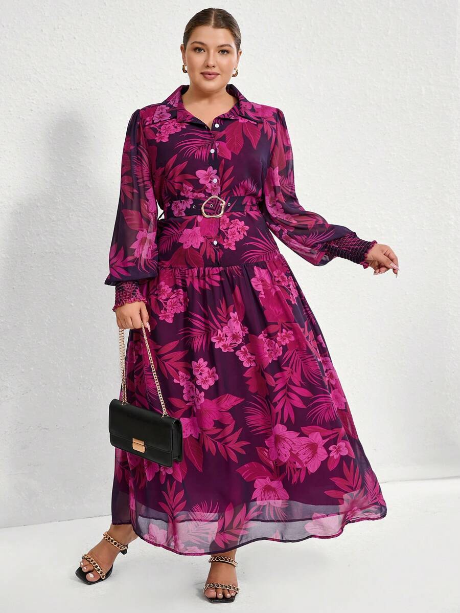 Aveloria Modichic Plus Size Elegante Vakantie Stijl Bloemenprint Lange Mouw Revers Kraag Paars Rode Chiffon Jurk Met Riem