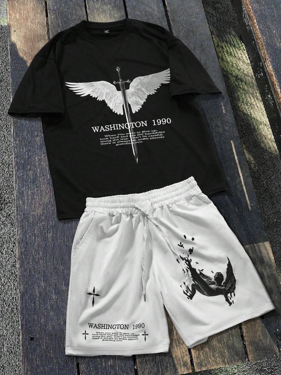 Manfinity EMRG Gift For Boyfriend, Men's Wings And Long Sword Printed T-Shirt And Drawstring Shorts Set, Young Street Wear