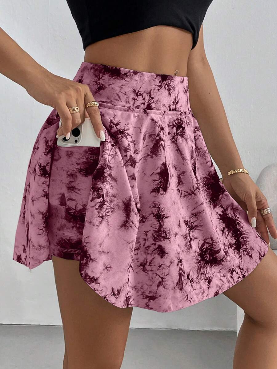 SHEIN Essnce Women's Summer Tie-Dye High Waist Sports Skirt With Side Pockets, Casual & Anti-Exposure