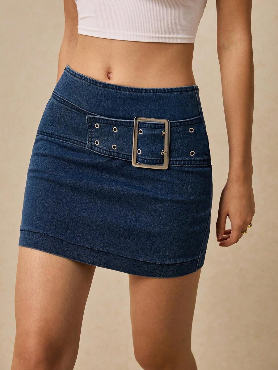 Poéselle Poeselle Jeans Skirt,Mini Skirt,Denim Skirt,Belt Buckle Decoration,Music Festival Costume,Women Skirts,Summer Women Outfit,Women's Low Waist Metal Buckle Decor Denim Mini Skirt,Suitable For Daily, Street, Holiday, Commuting And Other Occasions To Wear