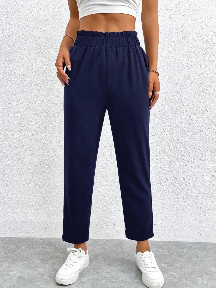 SHEIN PETITE Pantaloni a vita elastica a vita alta e gamba corta, di colore unito, minimalista e di stile