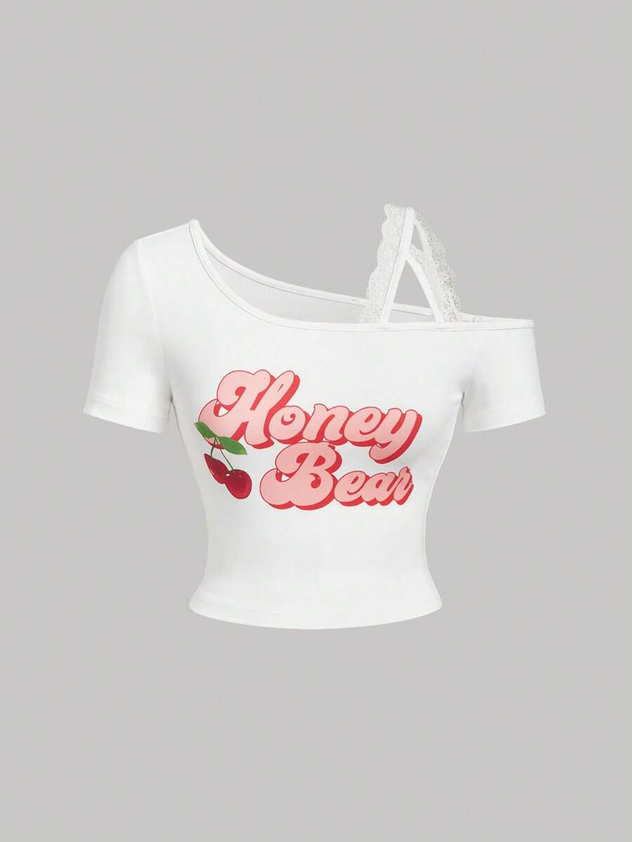SHEIN MOD Women Cherry & Letter Print Off Shoulder T-Shirt , Vacation Tops,Tea Party Outfit,Brunch Outfits For Women,Boho,Going Out Tops Women,Spring,Summer