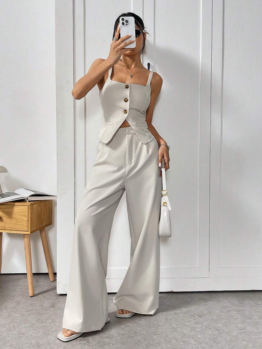 SHEIN EZwear Damskie spodnie garnitury eleganckie 2-częściowe zestawy kwadratowy dekolt guziki bez rękawów marynarka kamizelka topy i szerokie nogawki spodnie zestawy, ubrania robocze damskie