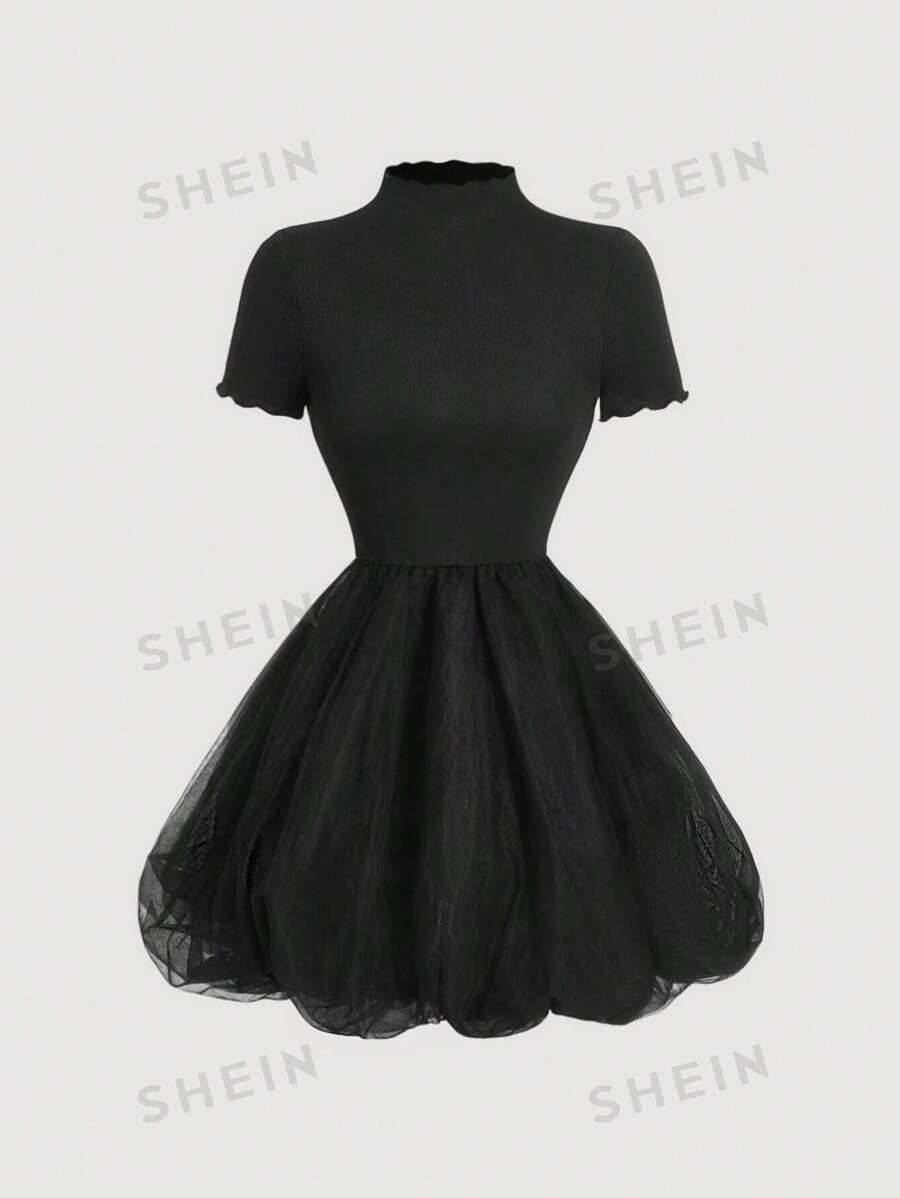 SHEIN MOD Vestido mini de burbuja de manga corta, cuello alto y malla en color negro