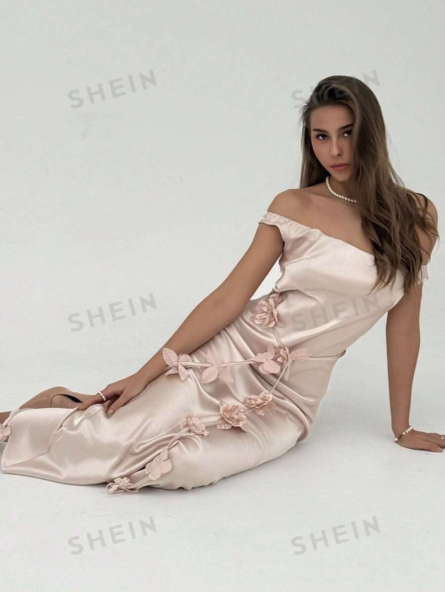 Aloruh Vestido de flores con hombros descubiertos y cinturón con sash para mujer, para boda/temporada