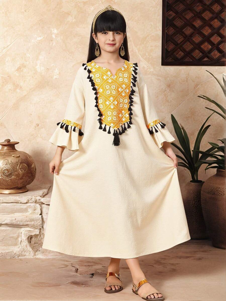 SHEIN Tween Girls' Loose Casual Retro Print Patchwork Fringed Trim Long Dress