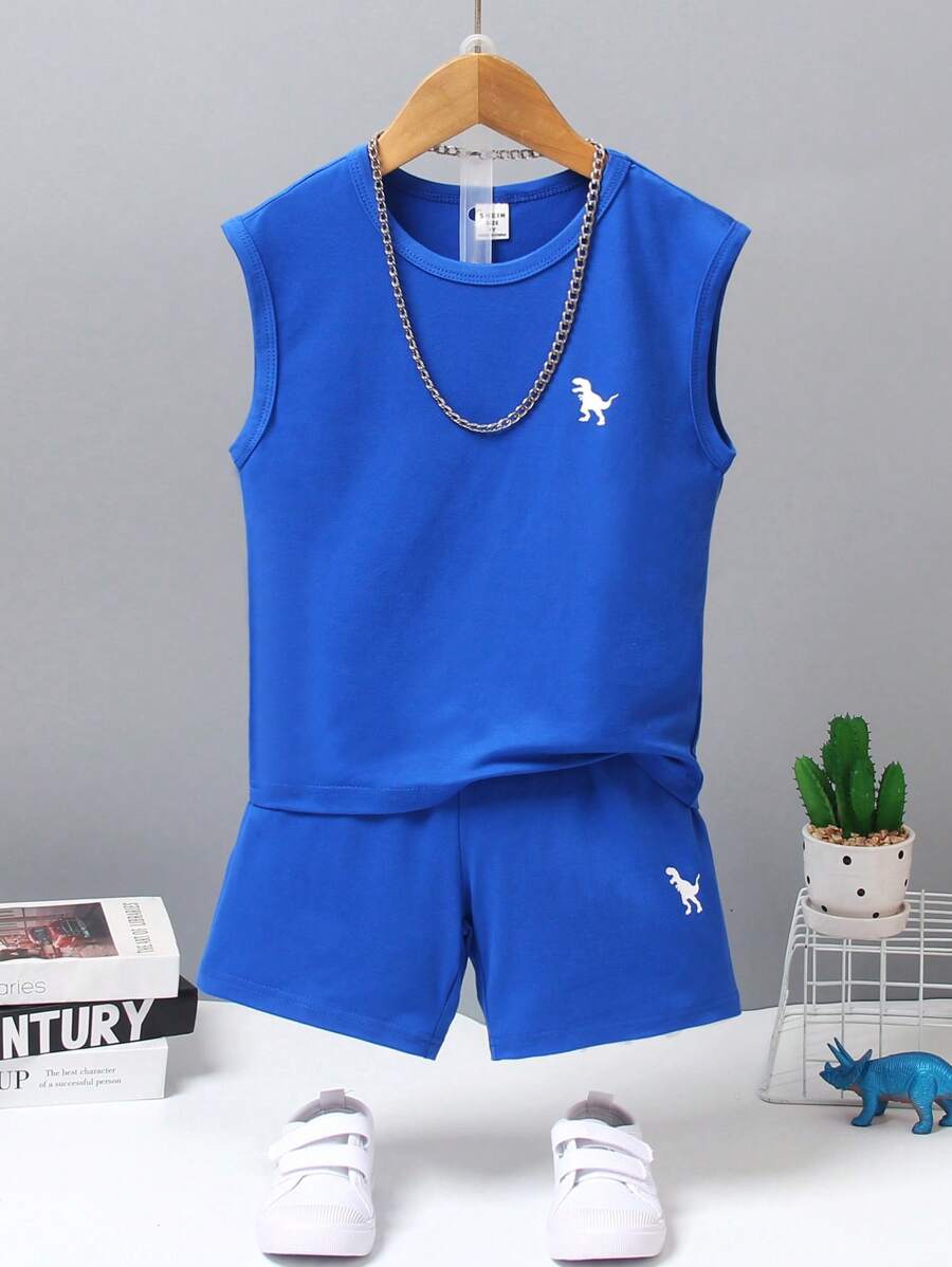 SHEIN Conjunto de top sin mangas y pantalones cortos deportivos con estampado de dinosaurios para niños/as en verano