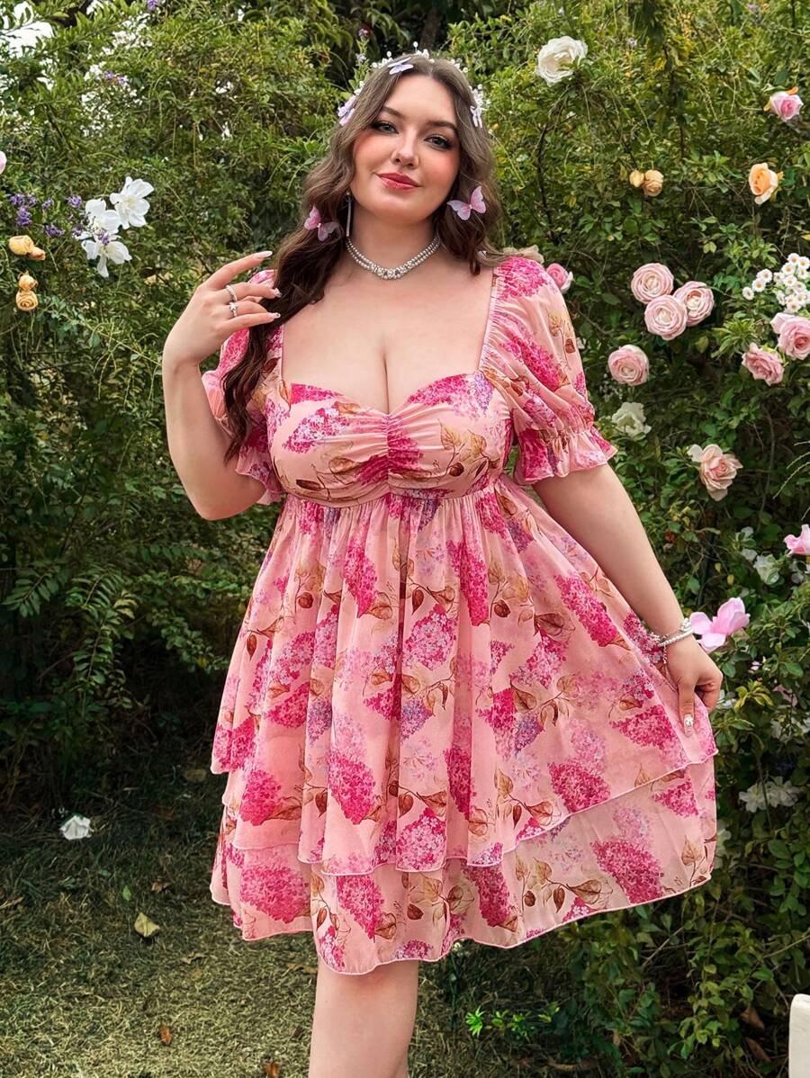 Lyrianda Plus Size Vintage Floral Ruffle Hem Lantern Sleeve Mini Dress For Women, Casual, Office, Beach, Wedding, Spring/Summer