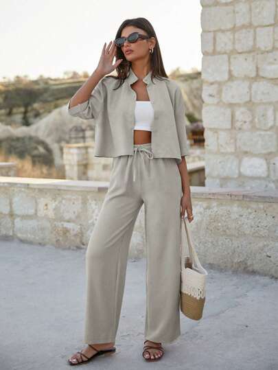 Women Crop Shirt & High Waist Pants Set