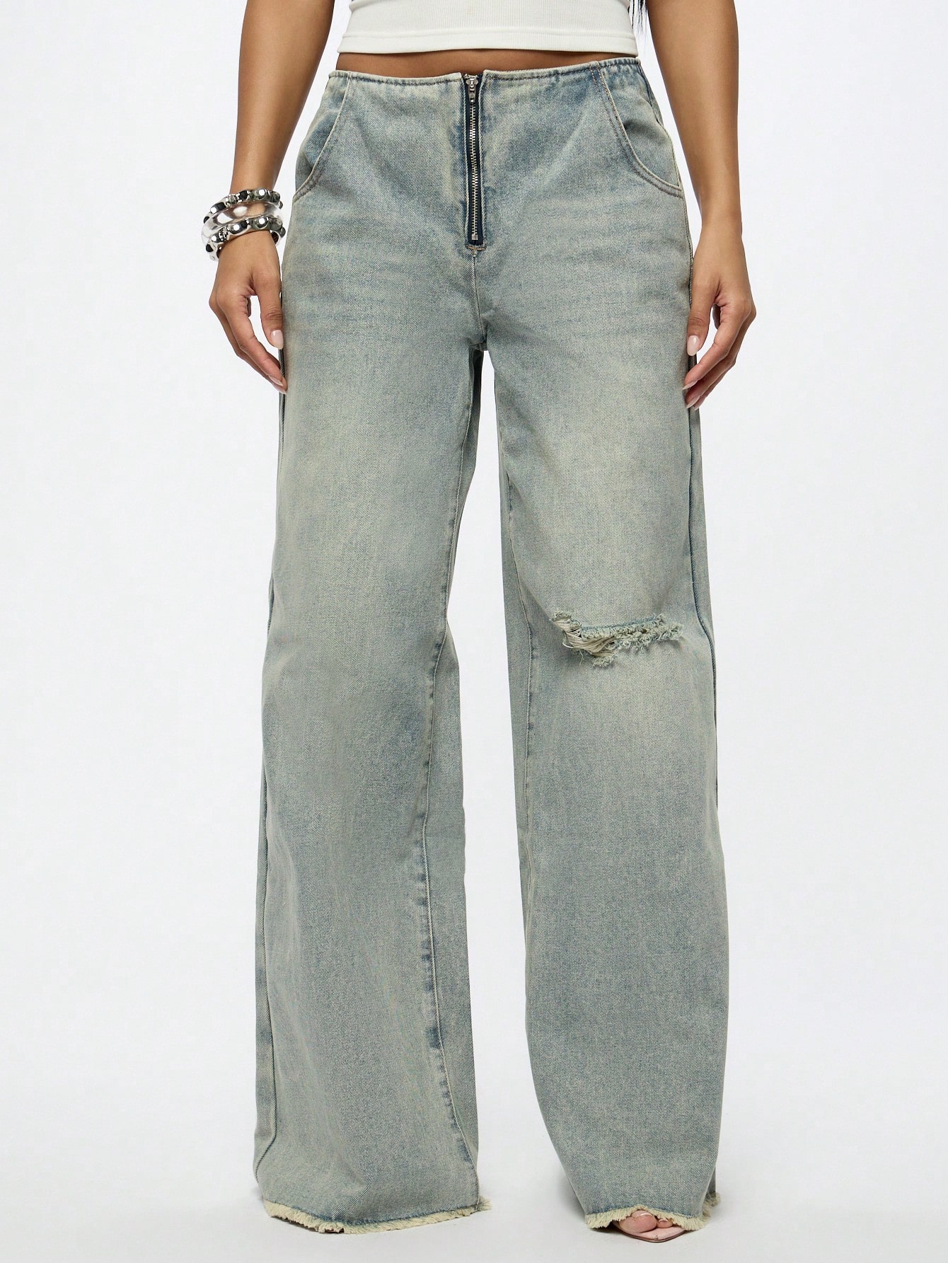 セール 国内 Distressed WOMEN SUMWON Washed Front Zip Leg Wide Rise Low パンツ
