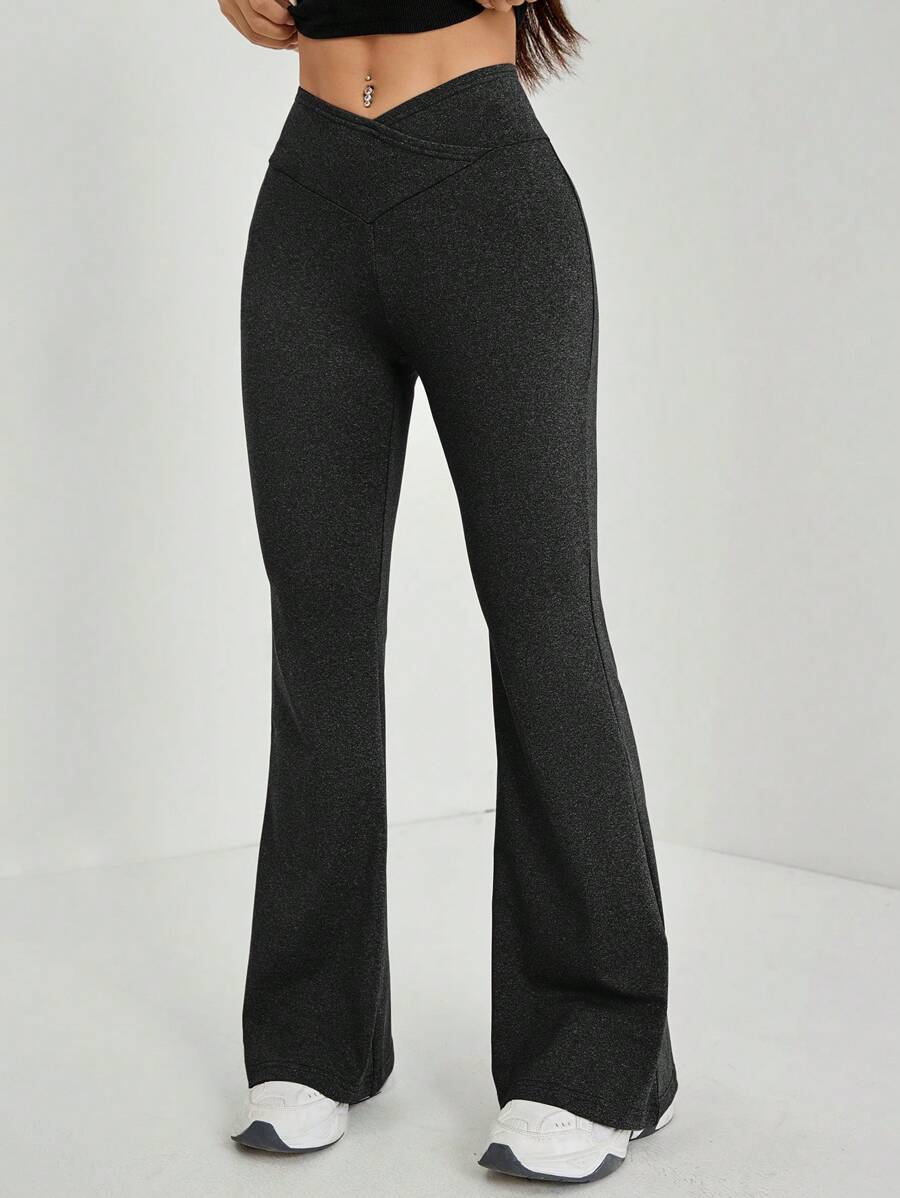 SHEIN PETITE Pantalones acampanados de cintura alta con diseño de envolvente de unicolor simple