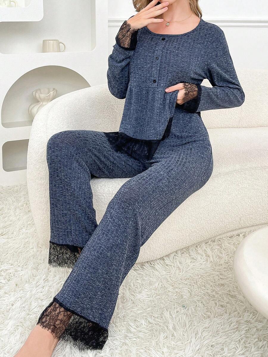 Set de pijama de 2 piezas para mujer con cuello redondo y patchwork de encaje