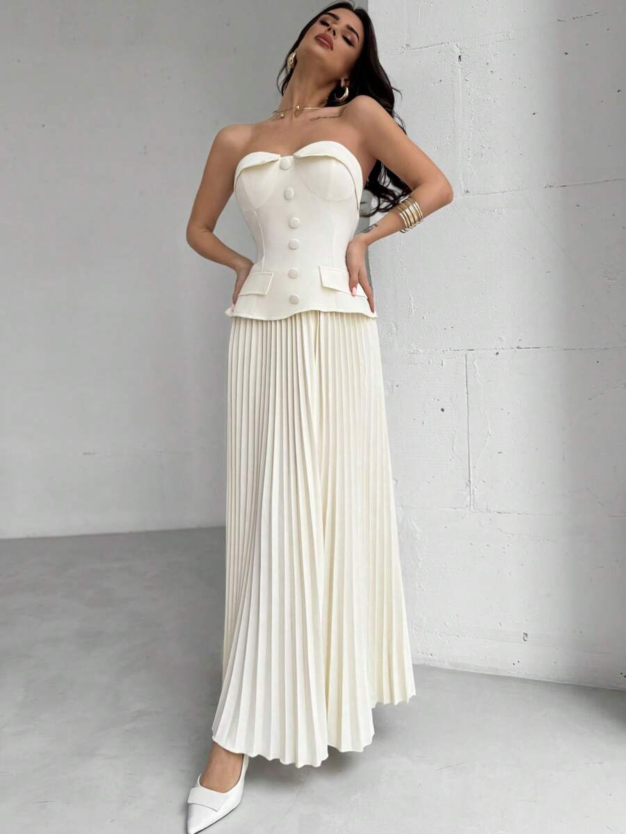 Firerie Women Elegant Commute Tube Top And Pleated Skirt 2 Pieces Set, Minimalist Commute 2 Pieces Outfit, Pleated Skirt Two Pieces Set, Apricot Color Skirt Two Pieces Suit, Teacher Set, Commuter Two Pieces Suit, Commuter, Elegant, Teacher's Day Clothing, Commuter Party, Work Two Pieces Set, Wedding Two Pieces Set, Suitable For Commuting, Daily Wear, Spring /Summer