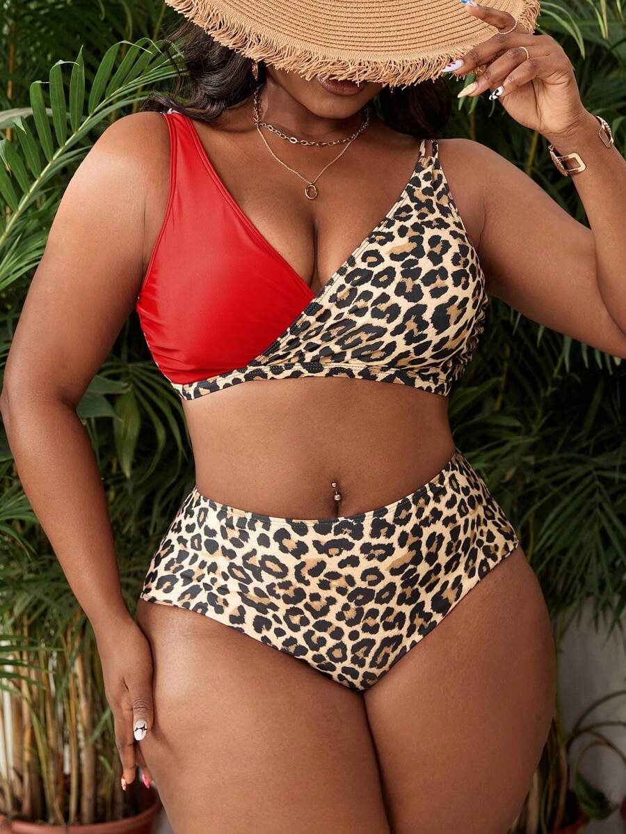 SHEIN Swim Curve Plus Size Sexy Fashionable Leopard Patchwork Triangle Top And High Waist Bottoms Bikini Set
