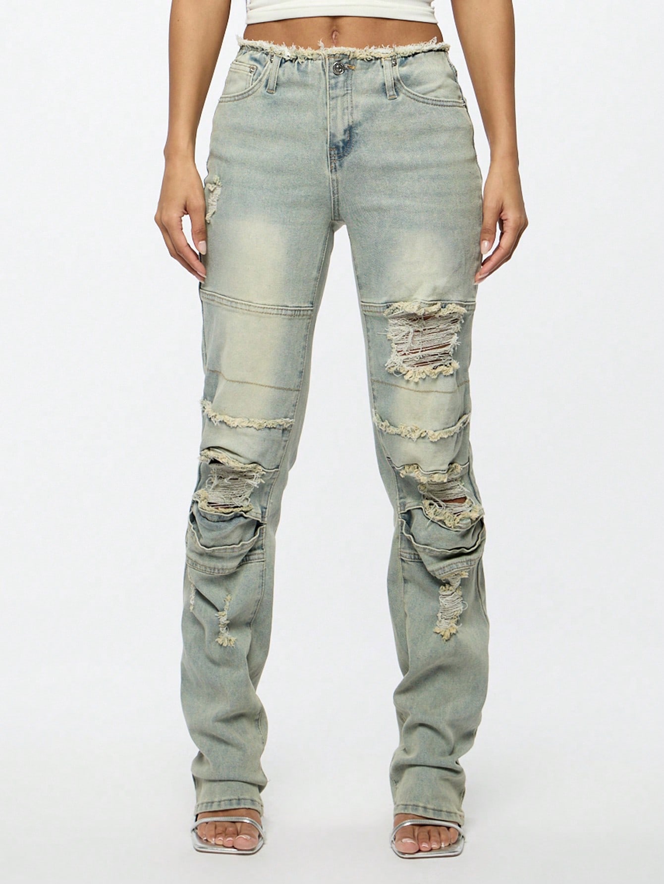 SUMWON WOMEN Distressed Light Wash Low Rise Flared Jeans｜Sumwon