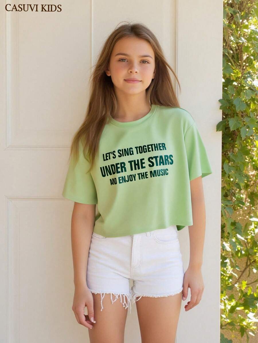 SHEIN 1 pezzo Maglietta verde casual e chic da ragazza, versatile, con spalle scoperte, collo rotondo e maniche corte, adatta per la primavera/estate