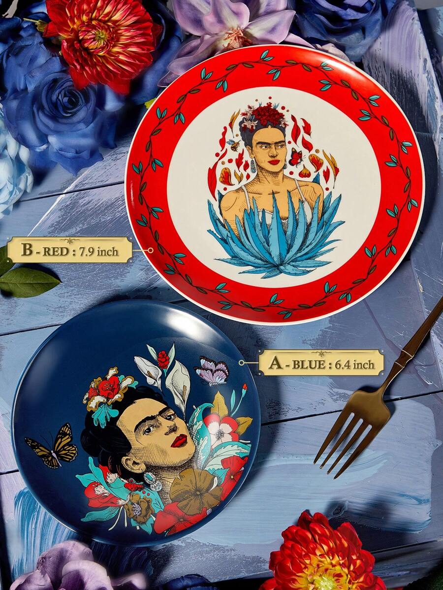 Frida Kahlo X SHEIN Flower Pattern Dinner Plates, Two Sizes, Microwave & Dishwasher Safe, Can Be Used For Cakes, Fruits, Pasta, Etc.
