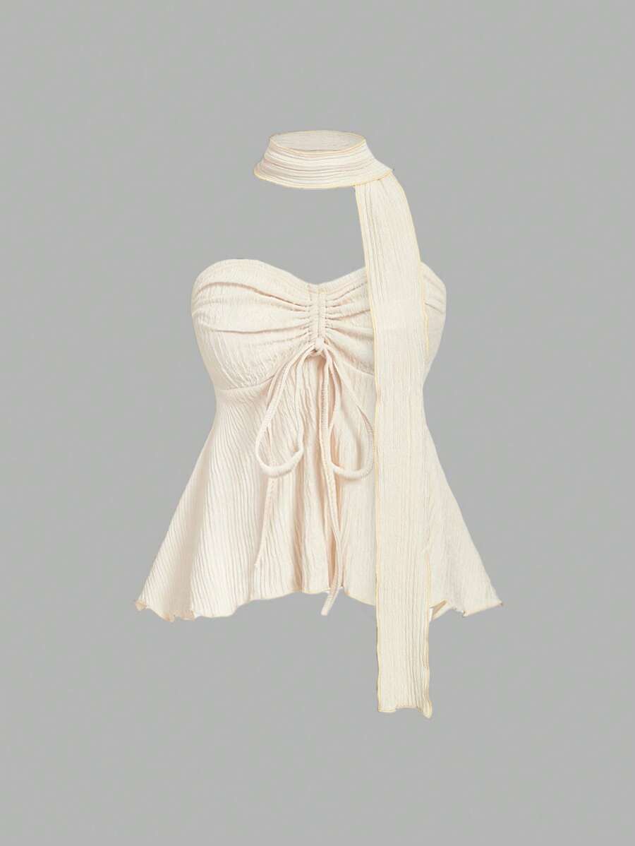SHEIN MOD 1pc Apricot Knitted Asymmetrical Drawstring Neck, Women Going Out Tops, Women Bandeau Tops, Elegant Vacation, Sexy, Beach, Party Tops Women