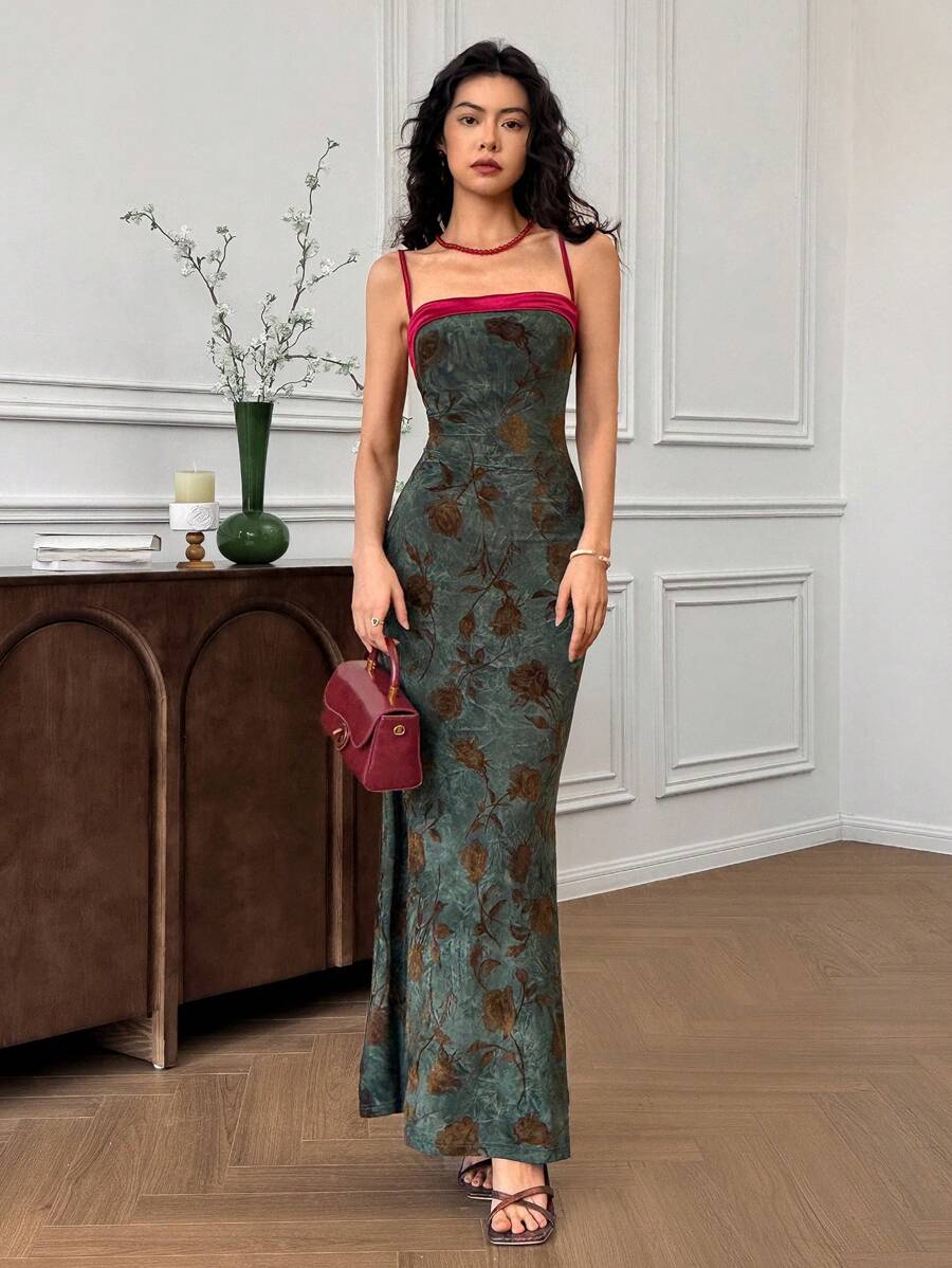 EastFlair Floral Print Spaghetti Strap Backless Split Dress Chinese Style Patterns