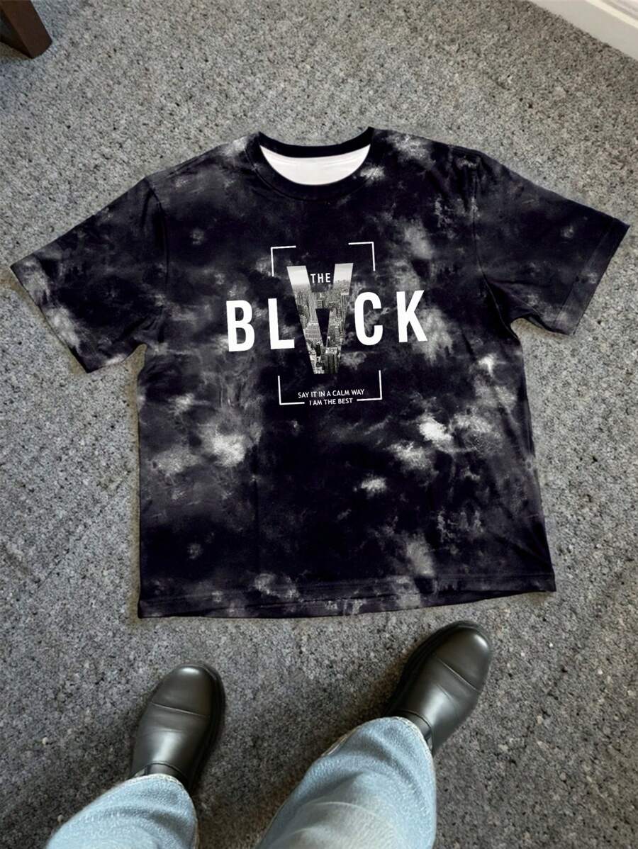 Manfinity Dauomo Camiseta casual de cuello redondo con gráfico de teñido anudado para hombre