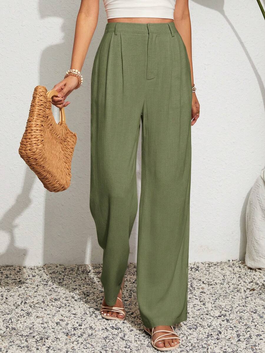 SHEIN VCAY Women's Solid Color Pleated Wide Leg Loose Casual Pants, Versatile
