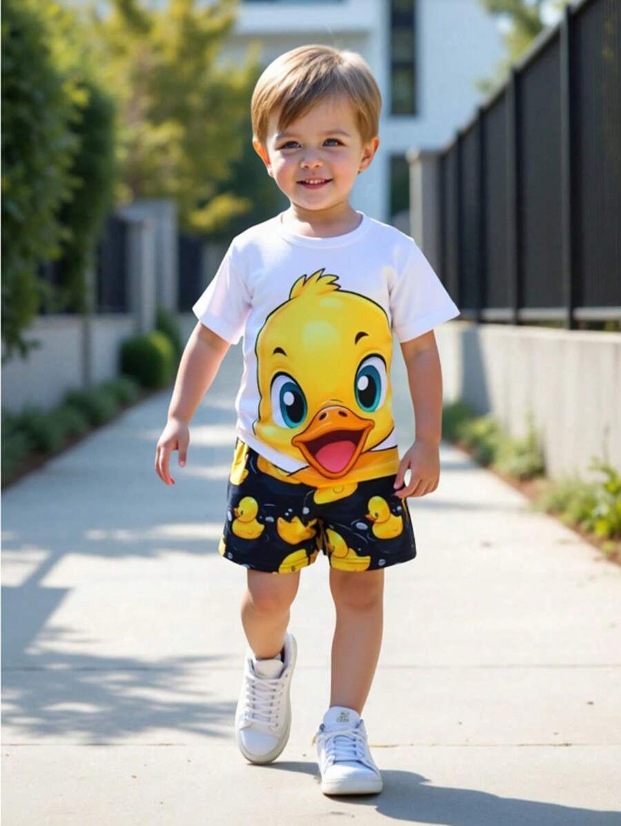 SHEIN 2 Stücke/Set Kleinkind Jungen Cartoon Gedruckt Kurzarm T-shirt Und Shorts