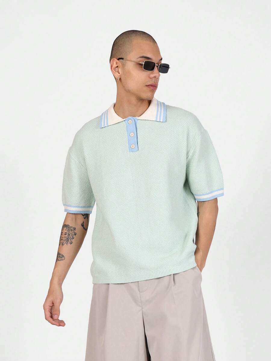 SUMWON Premium Knitted Polo Sweater Retro Style Short Sleeve Textured Relaxed Fit Casual Spring Summer Classic Preppy Tennis Golf Resort Wear