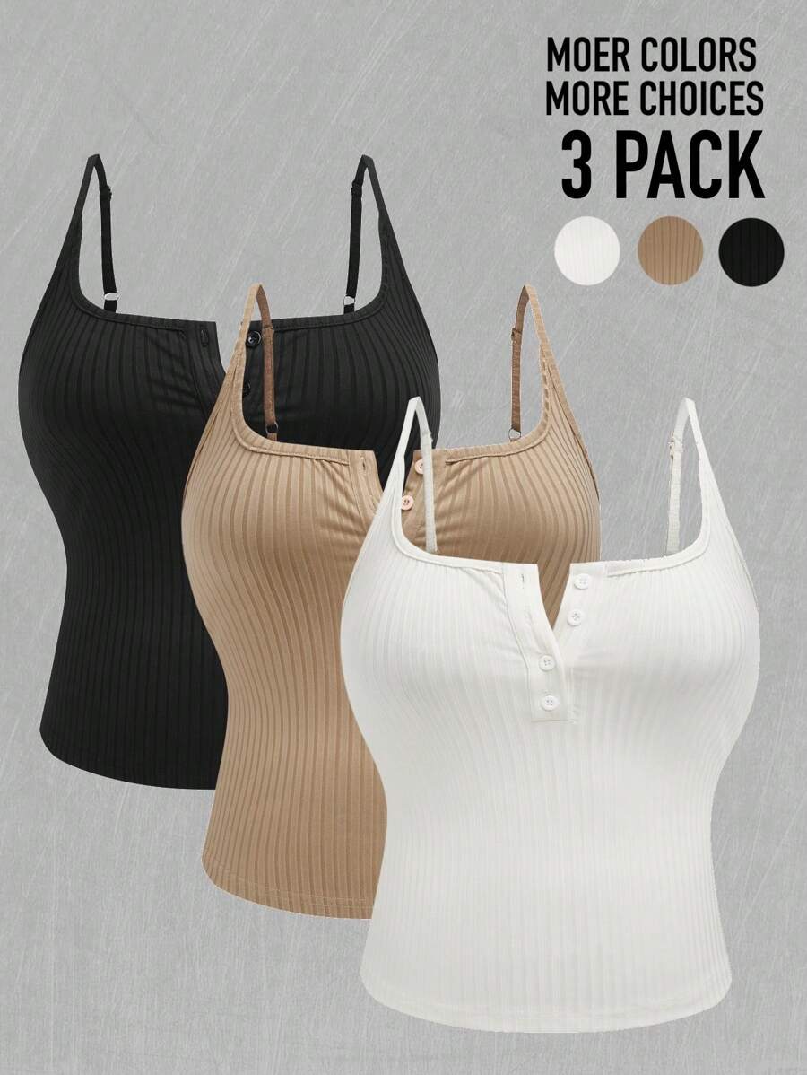 Calvaya Plus Size Women Solid Color Button Half-Placket Casual Camisole