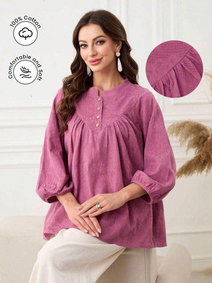 Mulvari Women Casual Solid Color Jacquard Lantern Sleeve Blouse