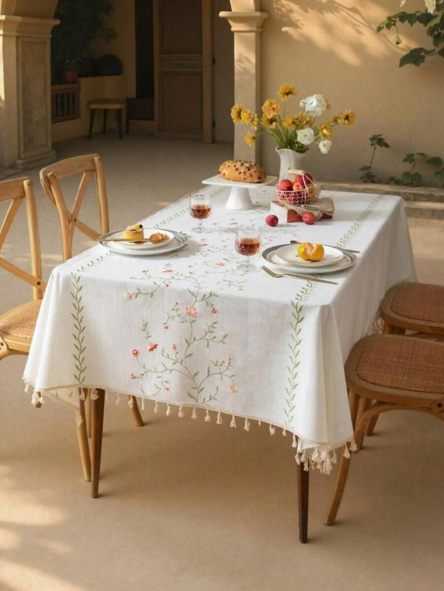 Pink Rose Floral Embroidery Tablecloth, French Countryside Style For Kitchen, Rectangular Coffee Table, TV Cabinet Cover, Holiday Party Birthday Gathering Dinner Table Decor, All Seasons