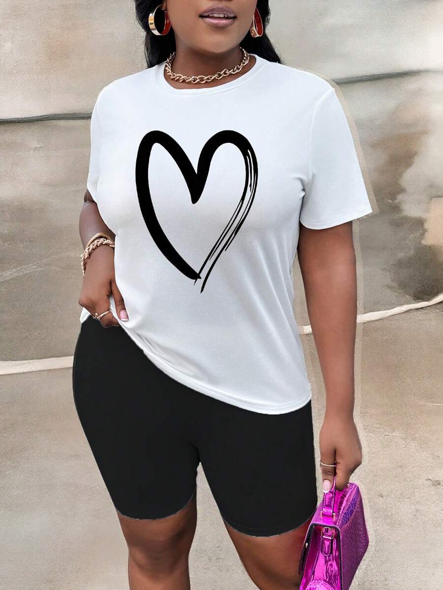 Slaydiva 2 pièces/Set T-shirt col rond à imprimé cœur grande taille