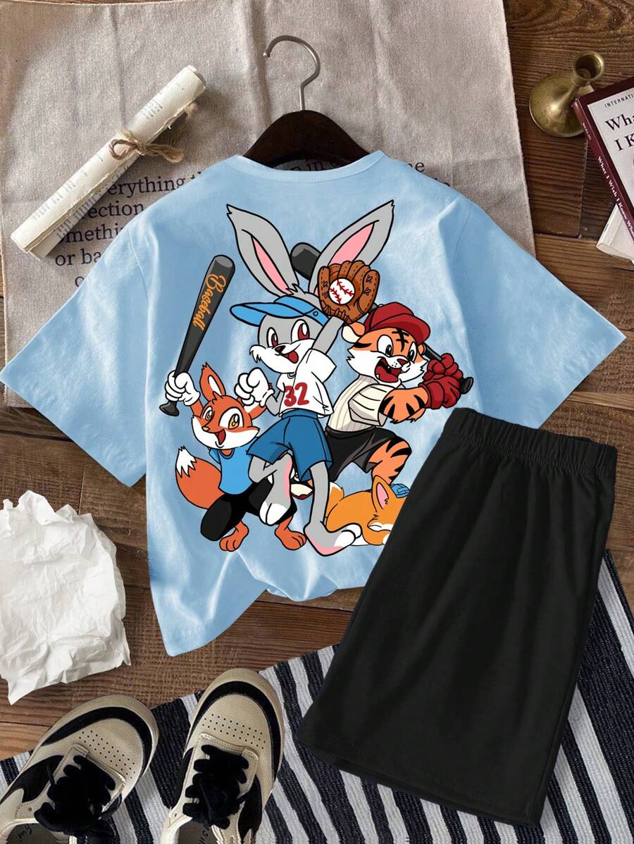 SHEIN 2 stuks/set voor jonge jongens, casual, eenvoudige korte mouwen, shorts, geschikt voor de zomer