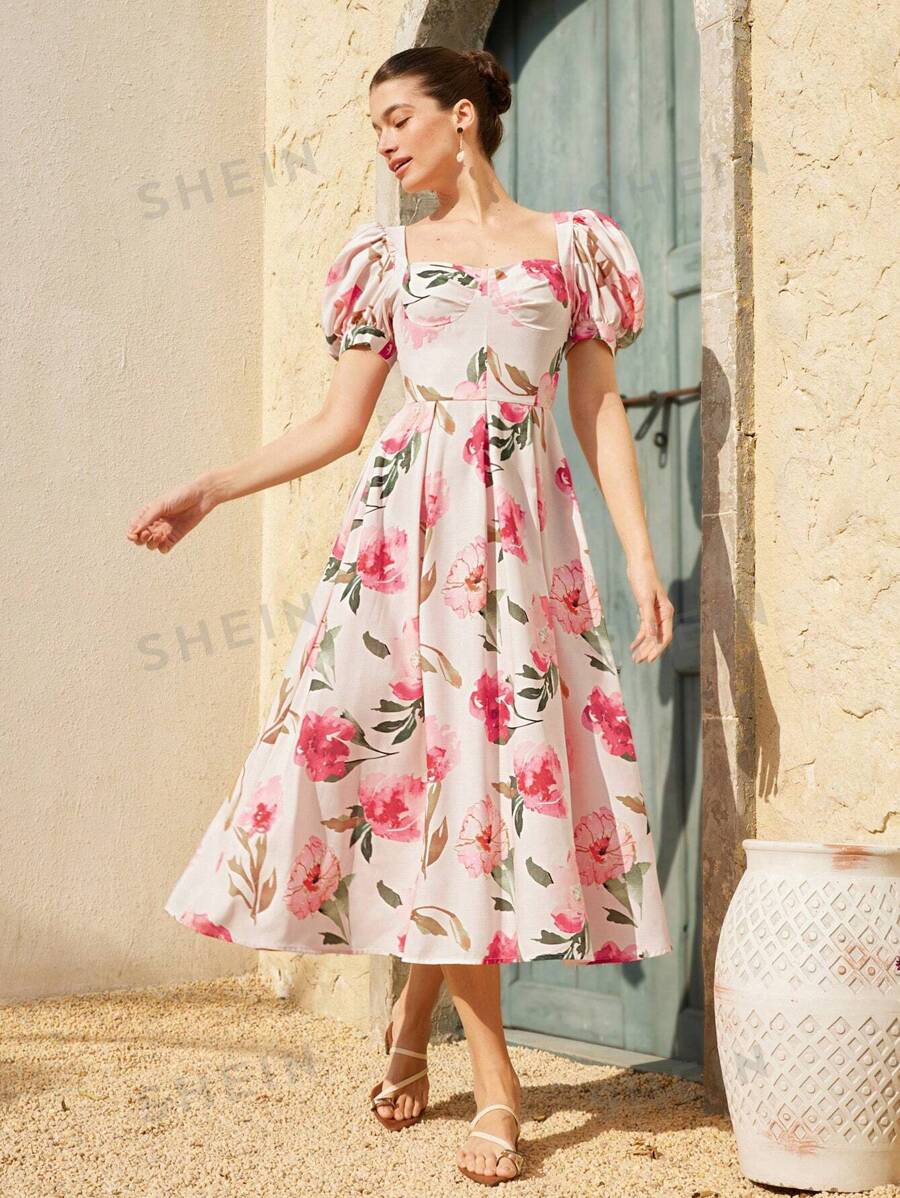 Aveloria Rosie Vestido midi de manga abullonada con lazo en la cintura y estampado floral romántico para mujer, estilo cortesano, adecuado para vacaciones de primavera/verano