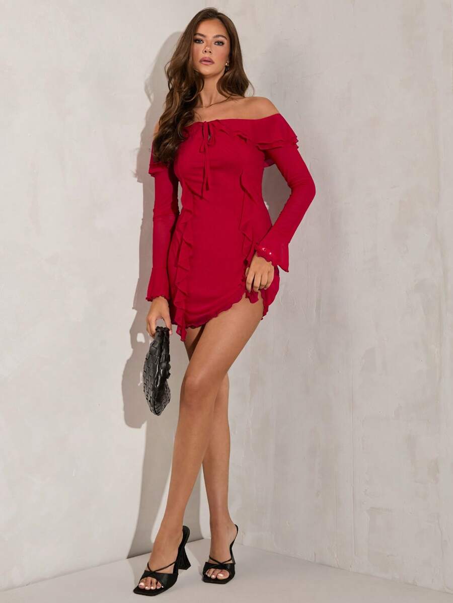 SHEIN BAE Robe mini femme d'été rouge unicolore à épaules dénudées, avec volants et manches évasées. Sexy tenue de soirée adaptée pour la Saint-Valentin, les rendez-vous, les sorties, les occasions décontractées, les déplacements, les fêtes et la rentrée scolaire