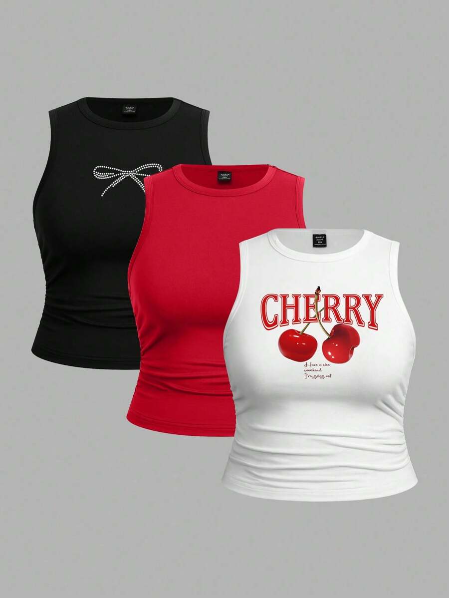 SHEIN EZwear 3-Piece Set Plus Size Women's Casual Simple Leopard Cherry Bow Pattern Tank Tops For Summer Back To School