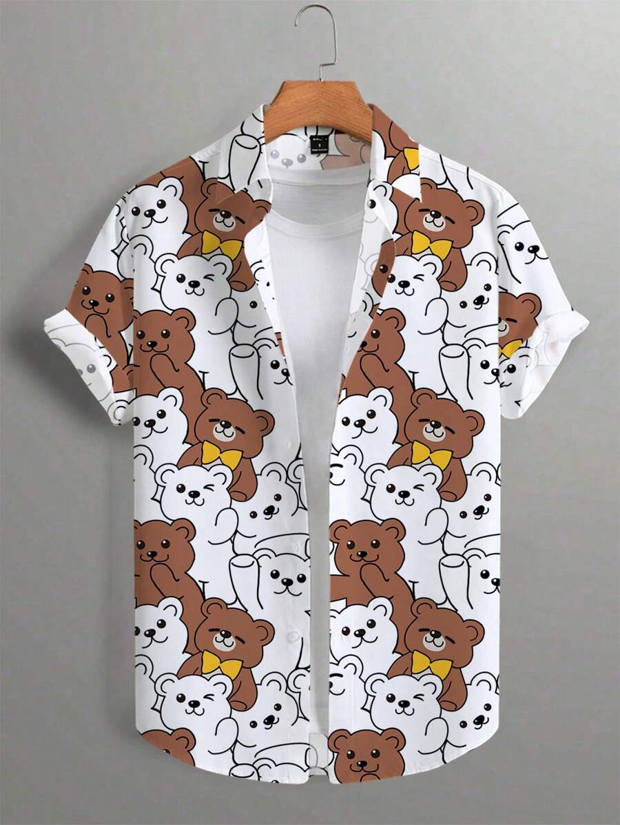 Manfinity Hypemode Chemise décontractée à manches courtes, col simple, imprimé ours de dessin animé pour homme