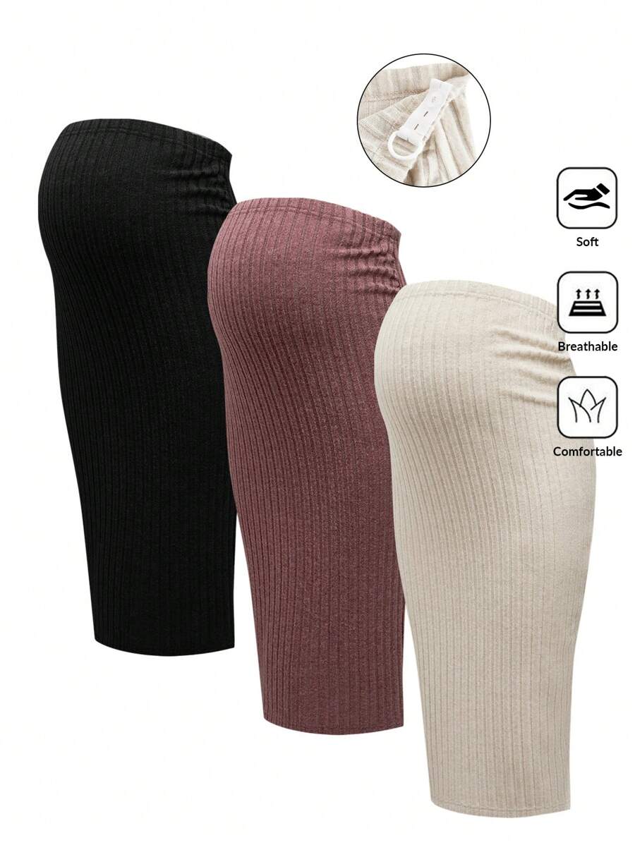 Modmama Maternity Women's Ribbed Bodycon Skirt With Tummy Control, 3 Pieces Set