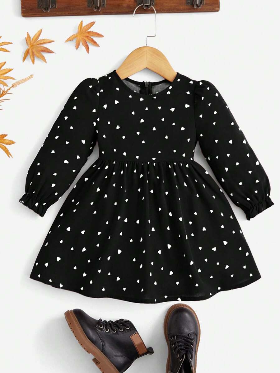 SHEIN Young Girl Confetti Heart Print Flounce Sleeve Dress ,Red For Holiday ,Sister And Me Matching, Mom And Daughter Matching.For Christmas,Great For Casual & Daily Wear & School Daily In Autumn & Winter .