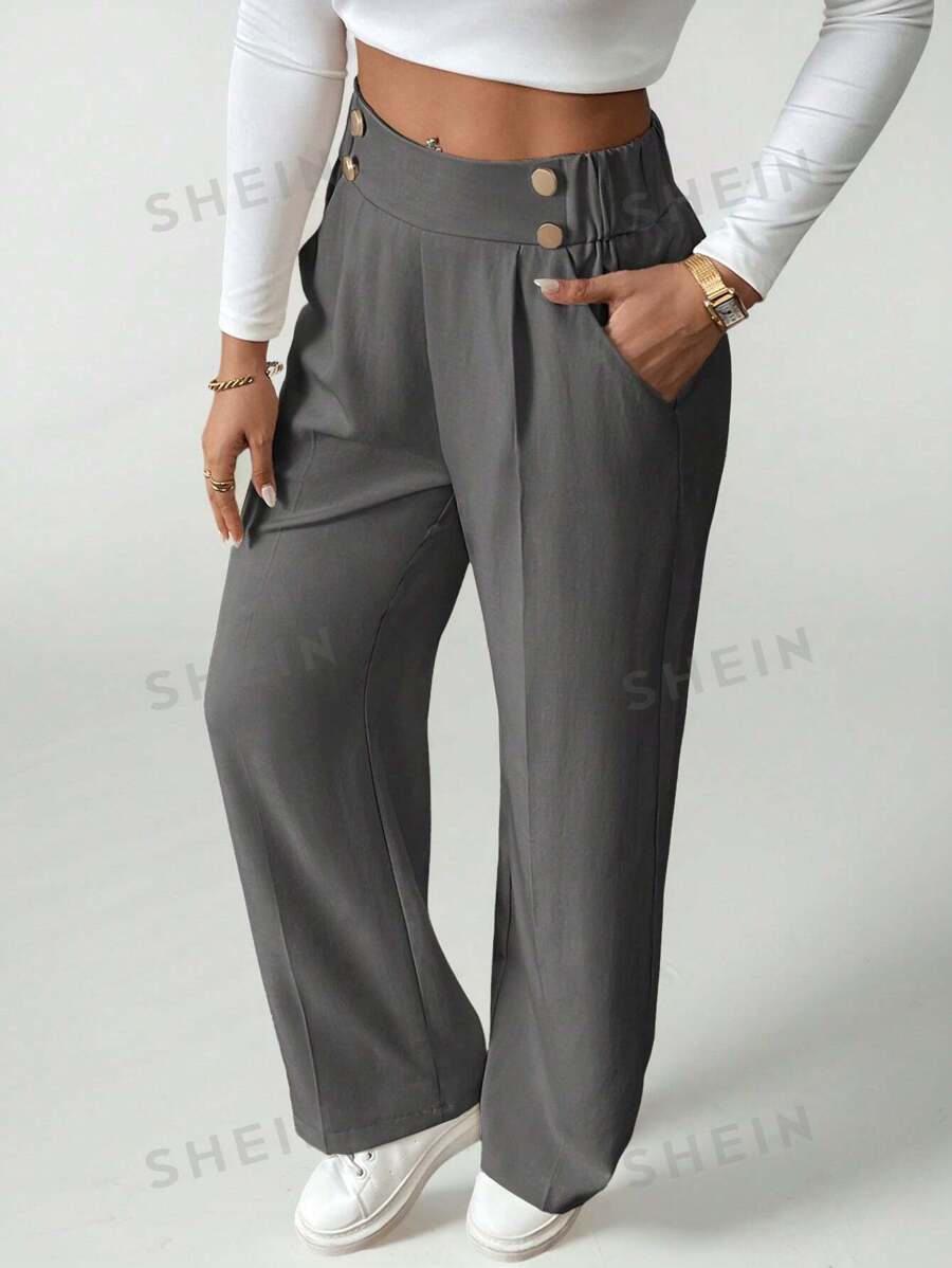 SHEIN PETITE Pantalones rectos elegantes de oficina con doble botón para mujer