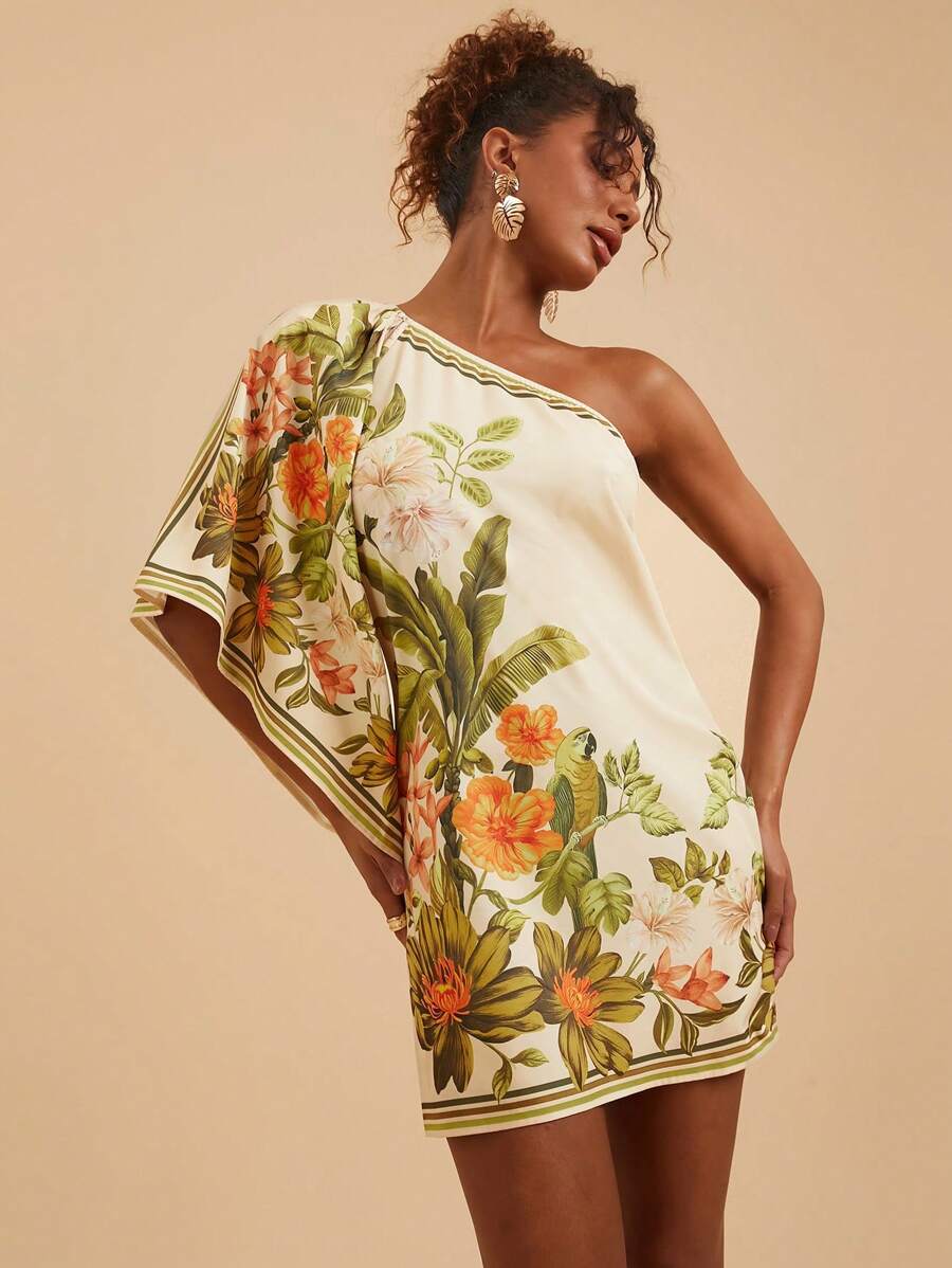 Travachic Vestido Curto Assimétrico de Mulher com Estampa Tropical