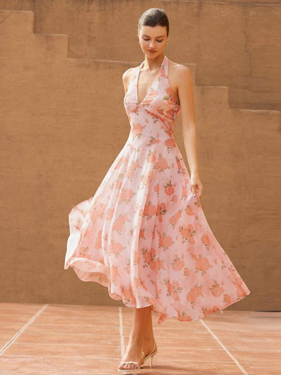 Aveloria Rosie French Elegant Floral Chiffon Dress, Romantic Floral Print, Halter Neck, Deep V-Neck, Waisted, Sleeveless, Vacation/Resort Style Boho Vacation FashionableStyle All Over Print For Summer